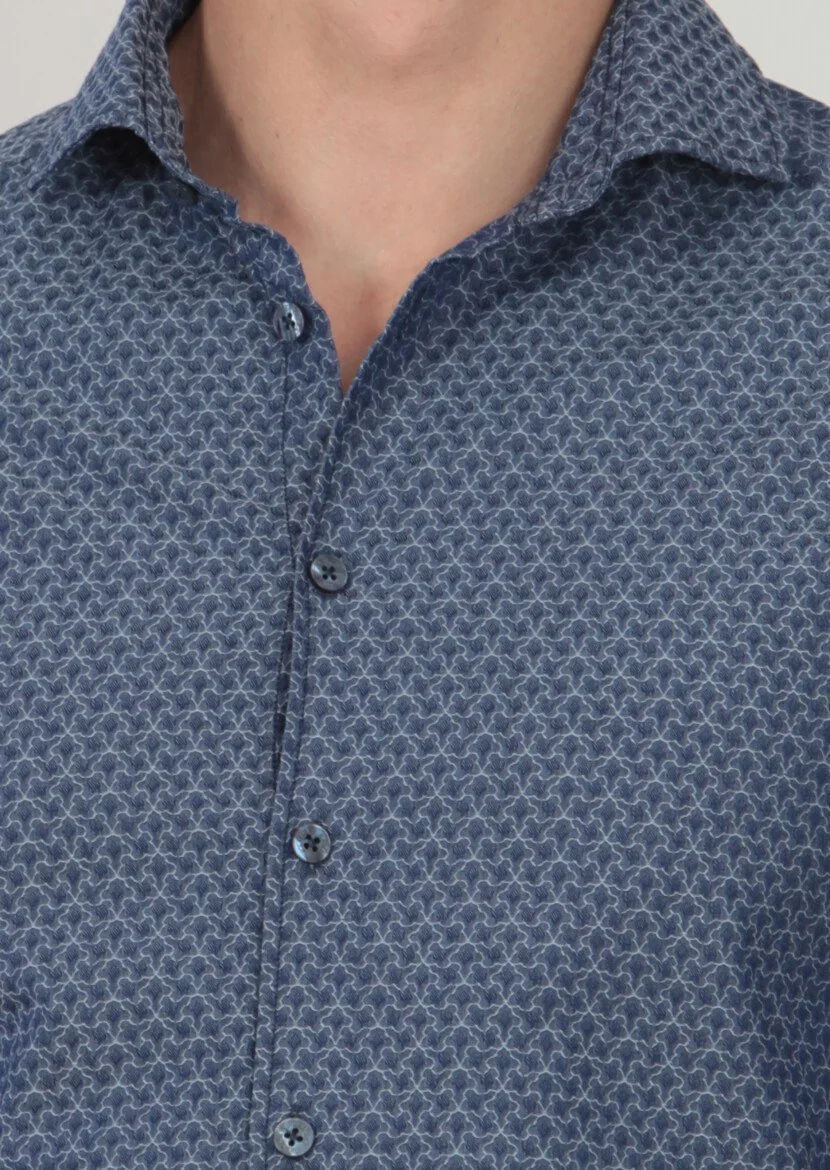 Indigo Patterned Slim Fit Weaving Casual 100% Cotton Shirt - 3