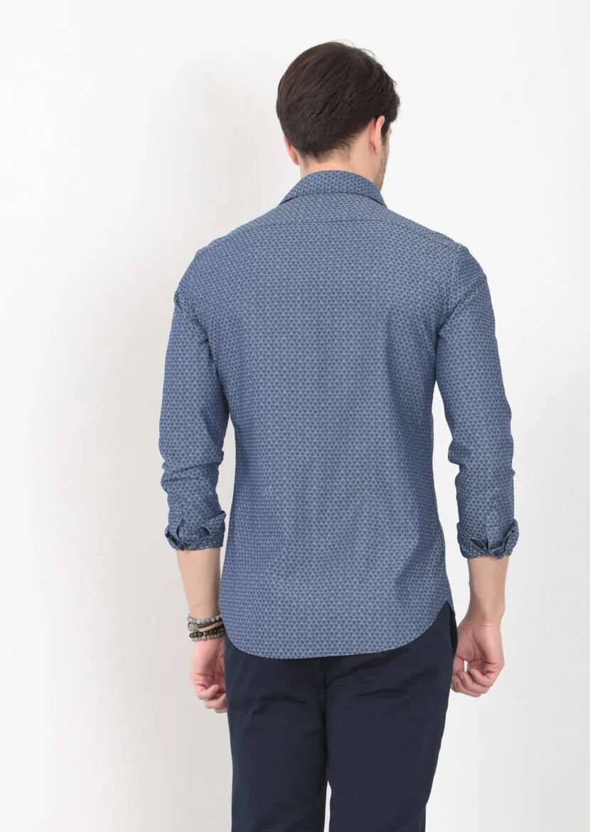 Indigo Patterned Slim Fit Weaving Casual 100% Cotton Shirt - 4