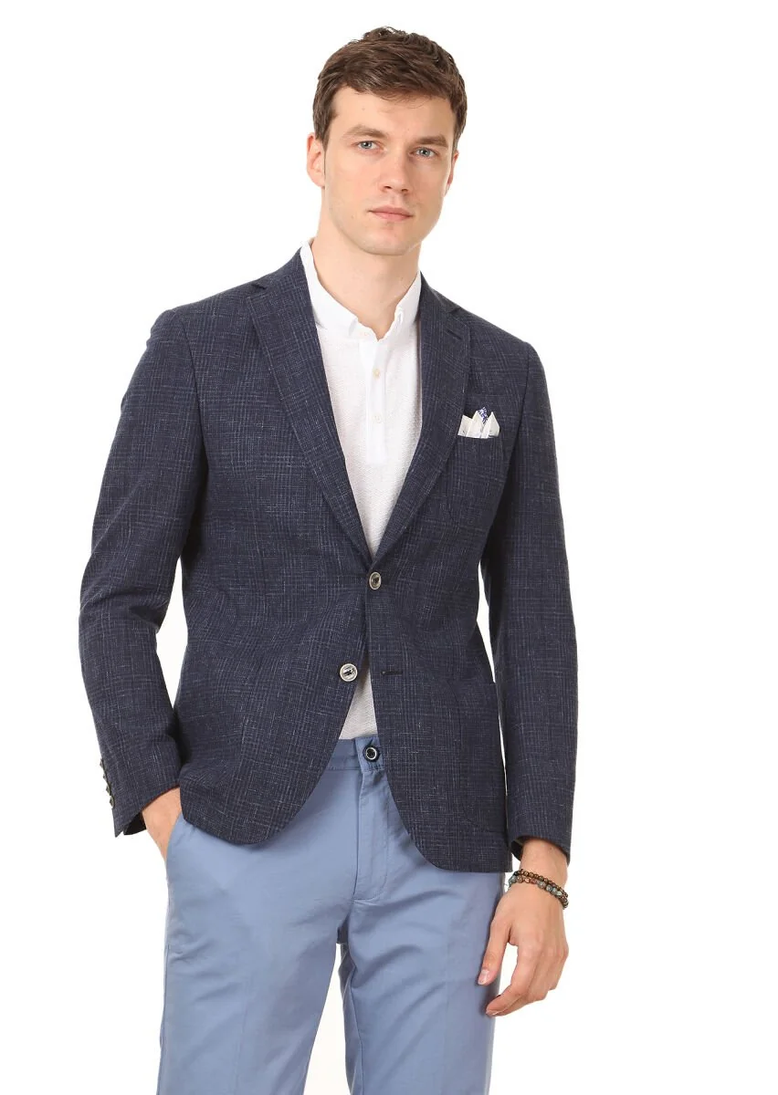 Indigo Patterned Zeroweight Slim Fit Cotton Blended Jacket - 1