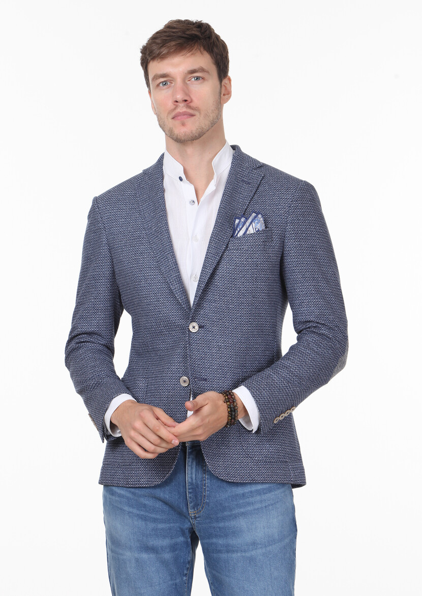 Indigo Patterned Zeroweight Slim Fit Cotton Blended Jacket - 1