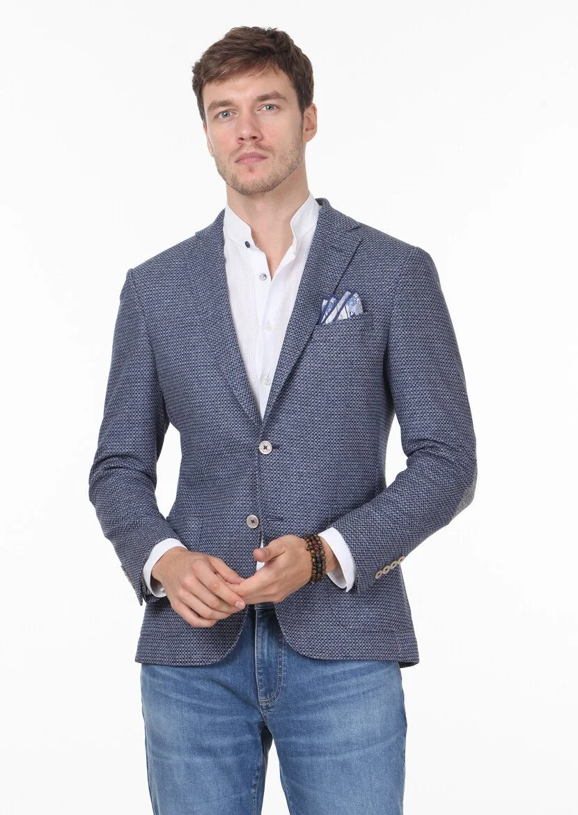 Indigo Patterned Zeroweight Slim Fit Cotton Blended Jacket - 1
