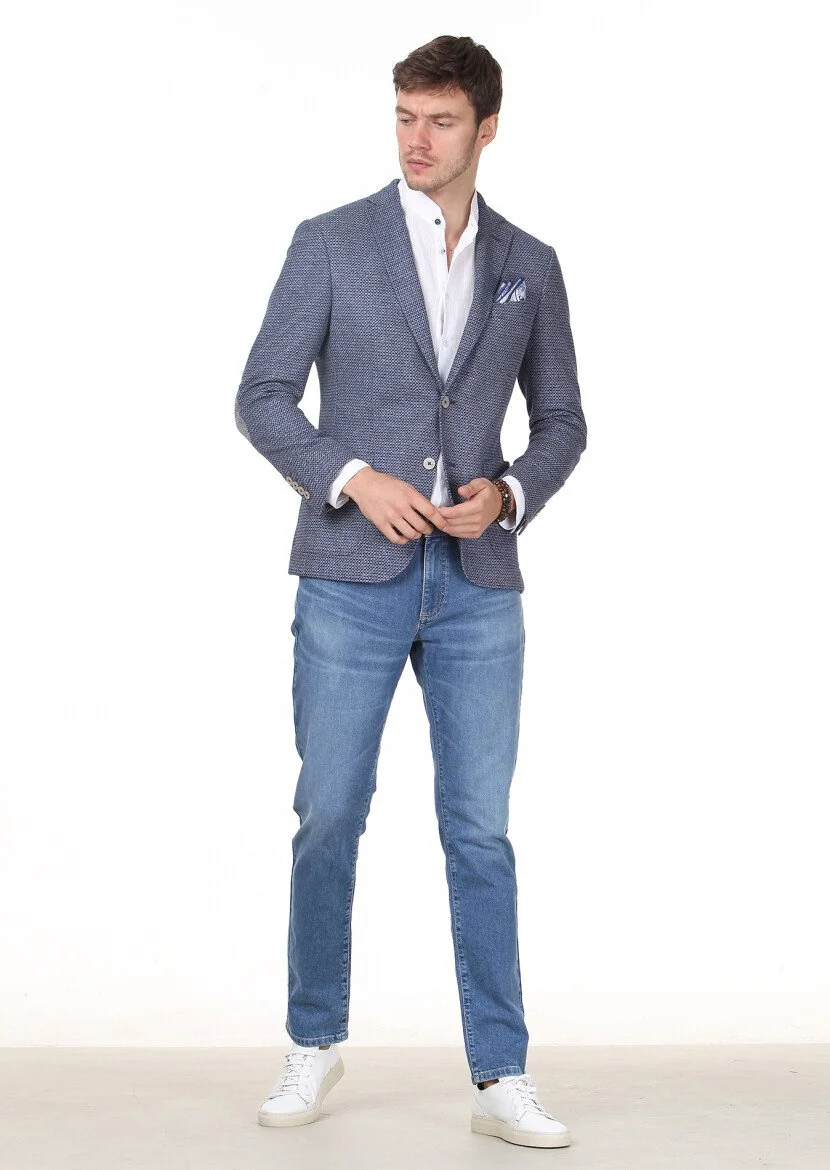 Indigo Patterned Zeroweight Slim Fit Cotton Blended Jacket - 3