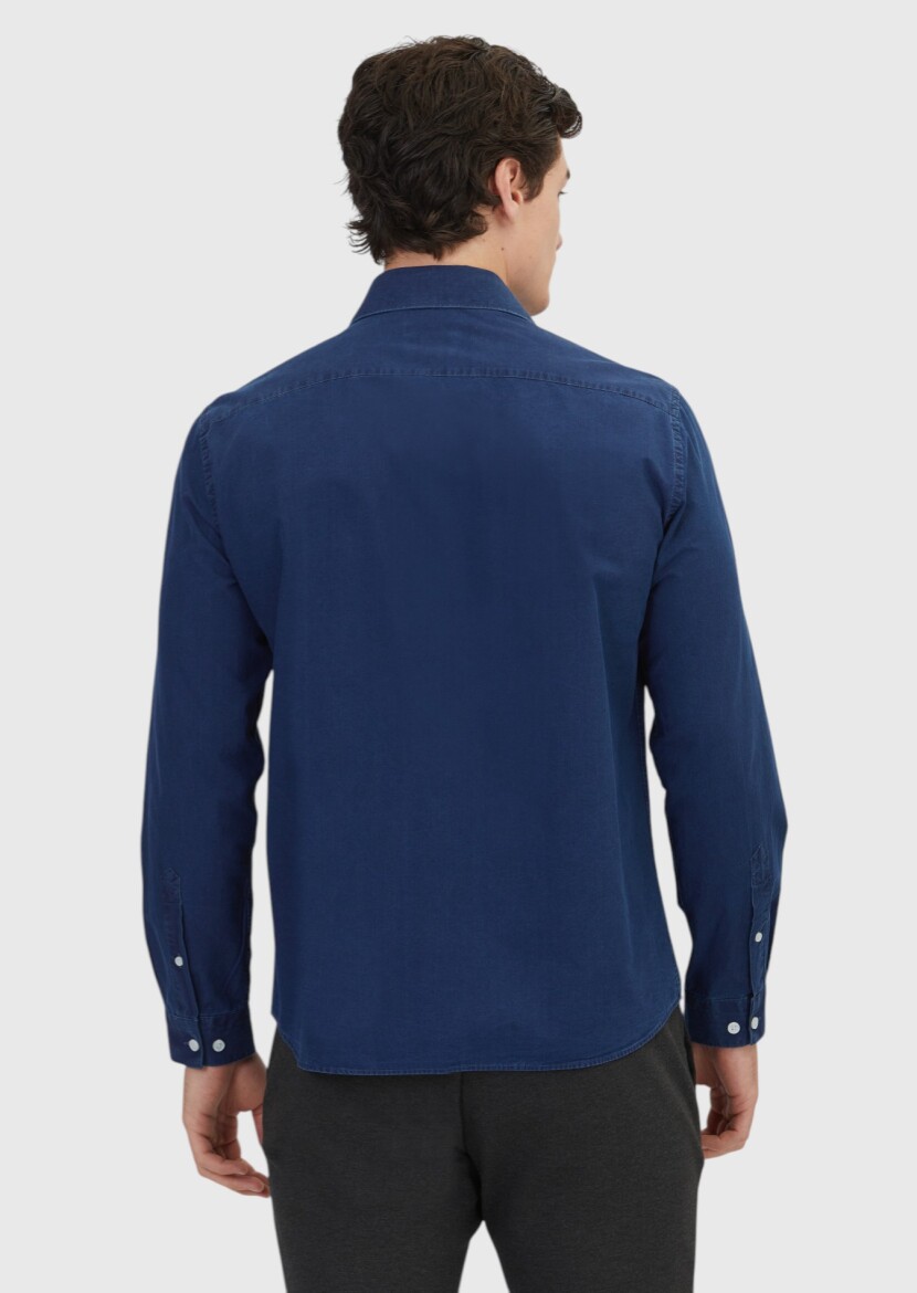 Indigo Plain Casual Fit Long Weaving Casual 100% Cotton Shirt - 5