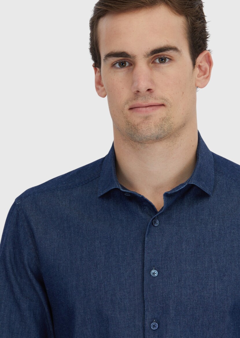 Indigo Plain Casual Fit Long Weaving Casual 100% Cotton Shirt - 3