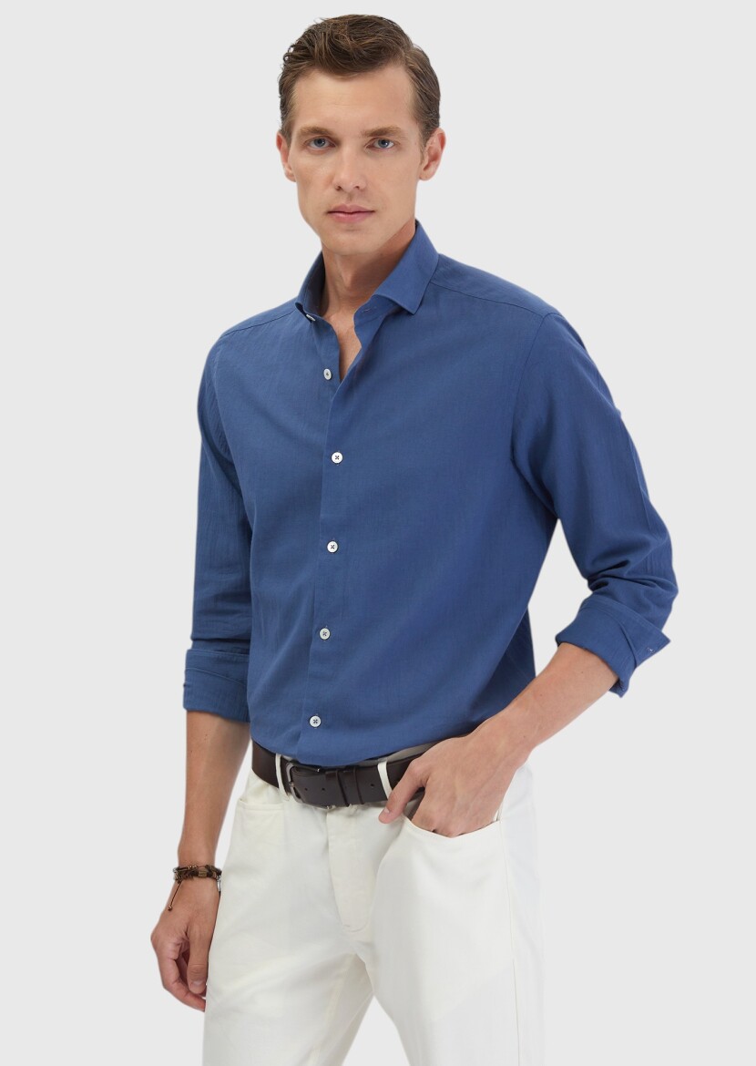 Indigo Plain Casual Fit Long Weaving Casual 100% Cotton Shirt - 1