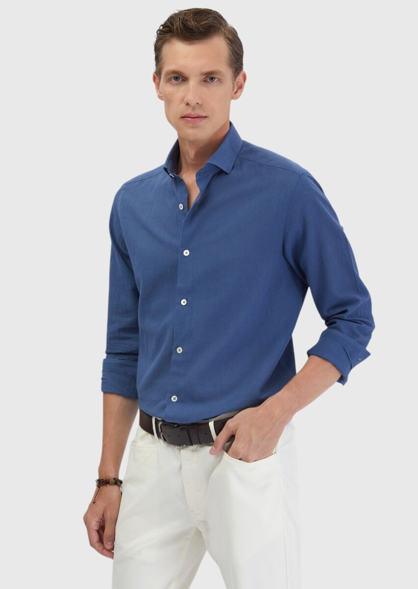 Indigo Plain Casual Fit Long Weaving Casual 100% Cotton Shirt - 1