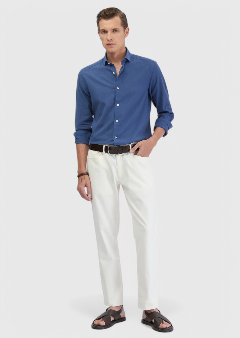 Indigo Plain Casual Fit Long Weaving Casual 100% Cotton Shirt 