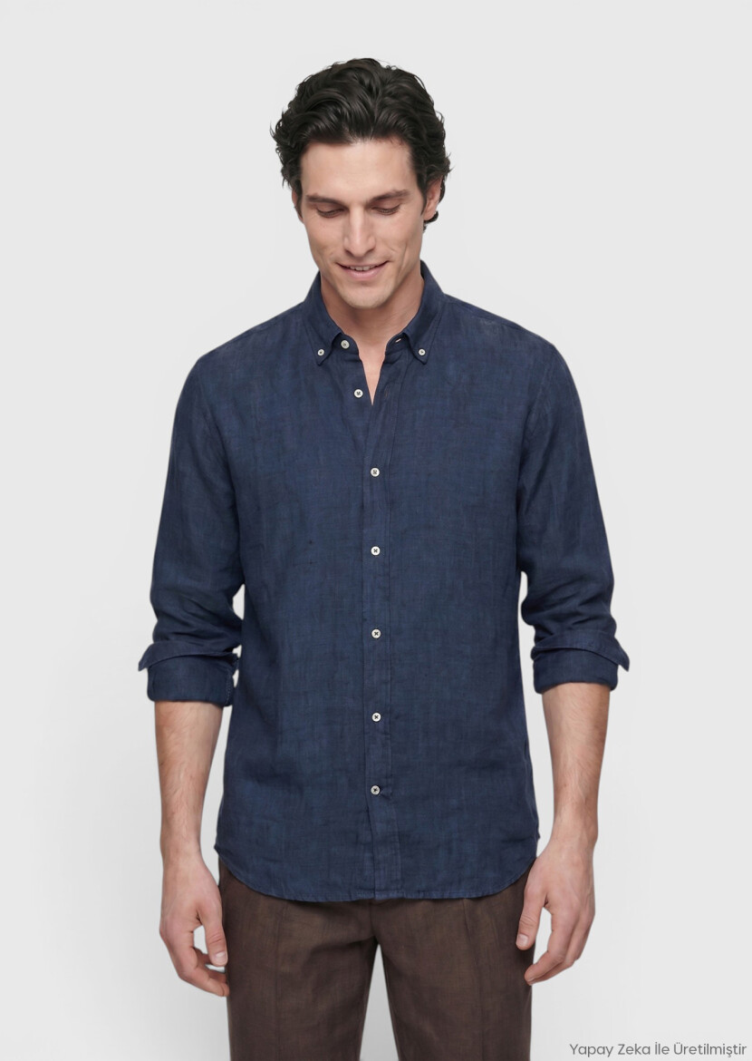 Indigo Plain Casual Fit Long Weaving Casual 100% Linen Shirt - RAMSEY