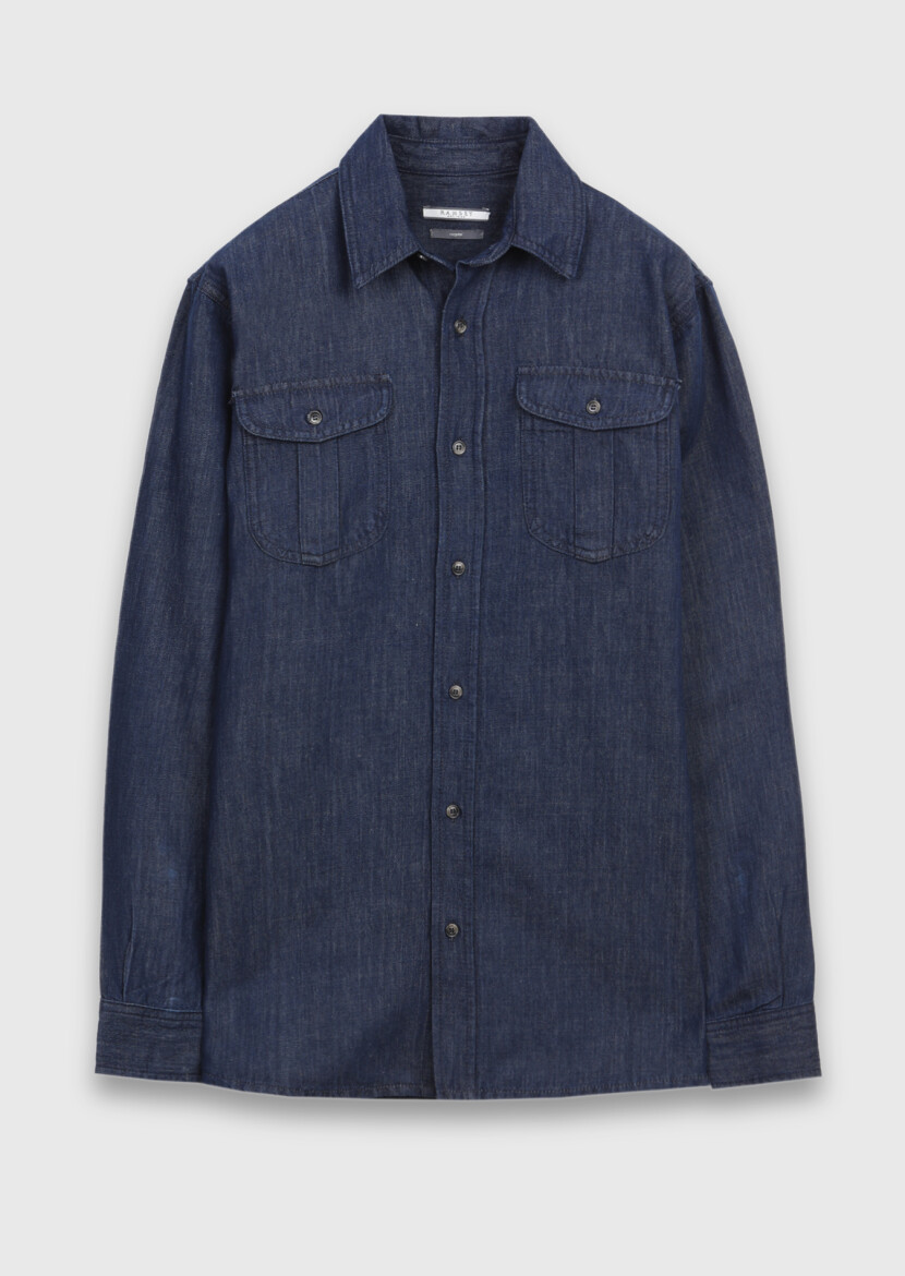 Indigo Plain Casual Fit Long Weaving Casual Cotton Blended Shirt - RAMSEY