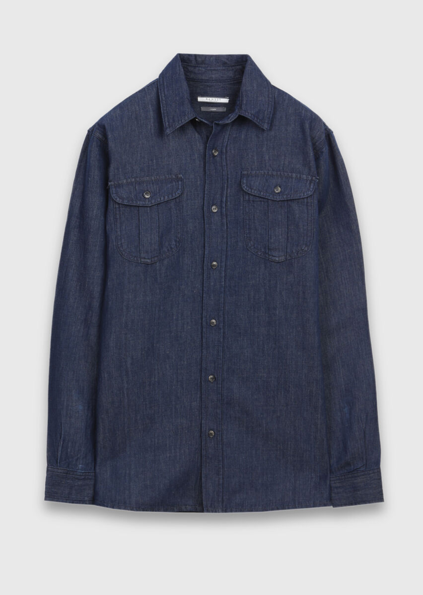 Indigo Plain Casual Fit Long Weaving Casual Cotton Blended Shirt - 1