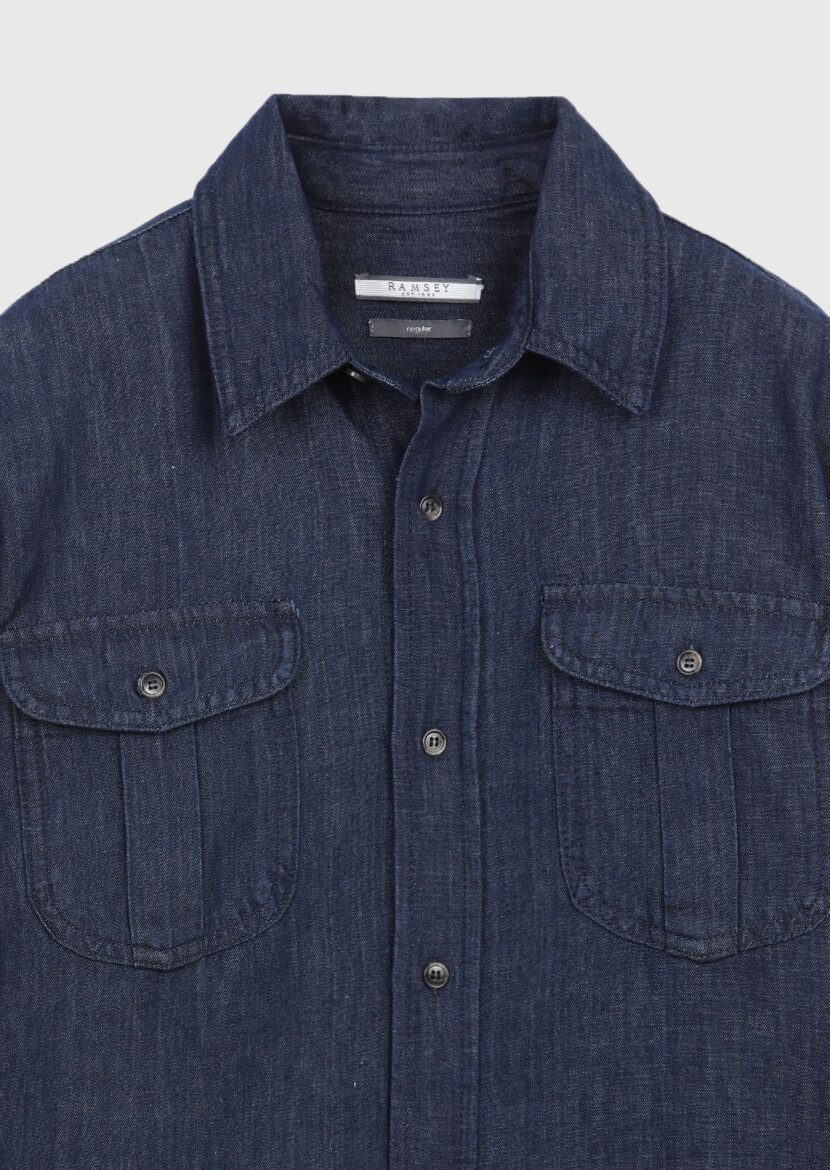 Indigo Plain Casual Fit Long Weaving Casual Cotton Blended Shirt - RAMSEY