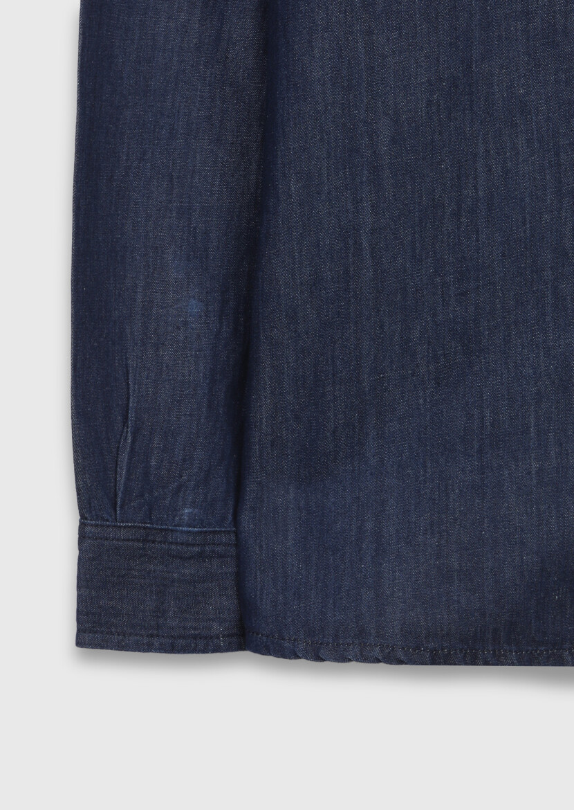 Indigo Plain Casual Fit Long Weaving Casual Cotton Blended Shirt - 3