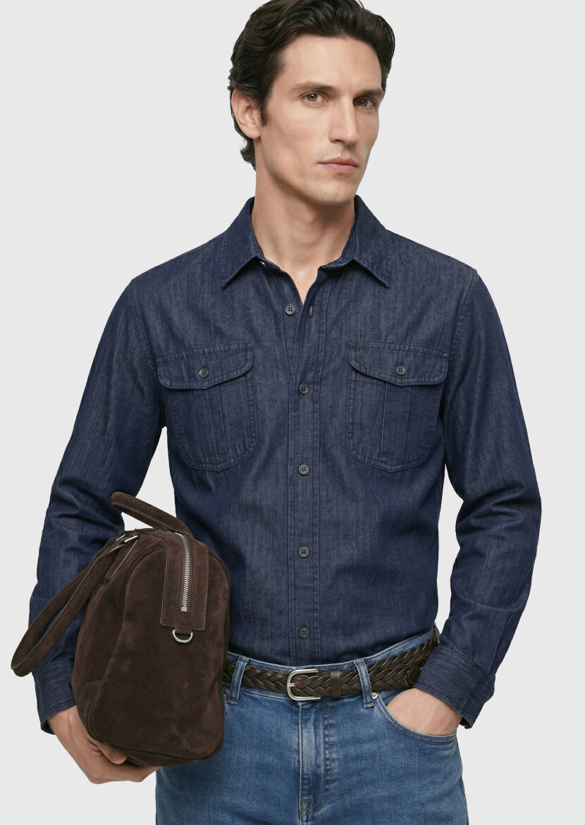 Indigo Plain Casual Fit Long Weaving Casual Cotton Blended Shirt - RAMSEY