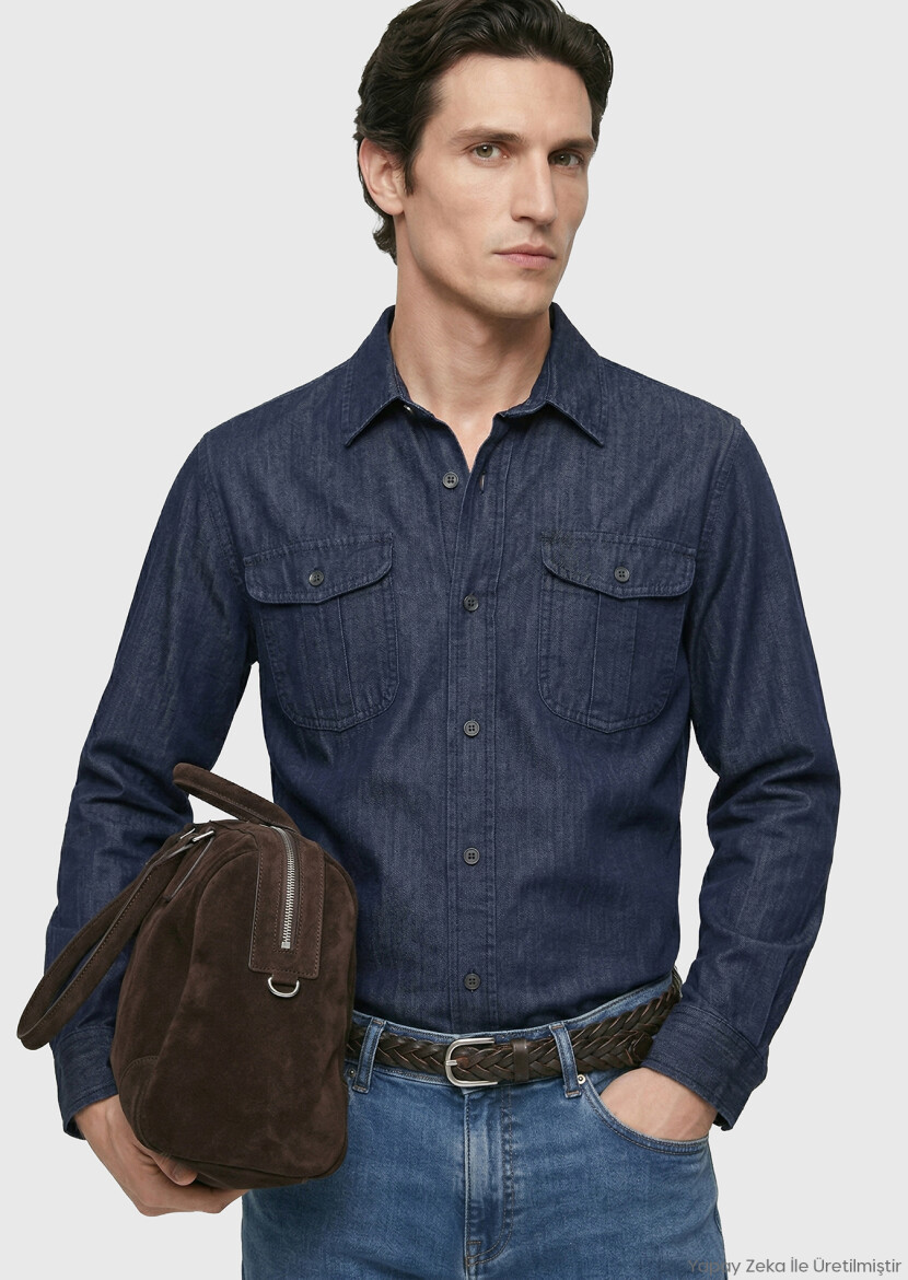 Indigo Plain Casual Fit Long Weaving Casual Cotton Blended Shirt - RAMSEY