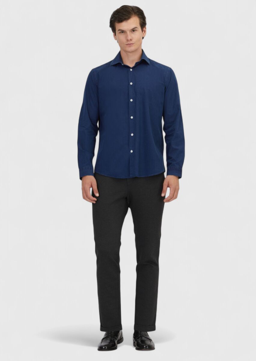 Indigo Plain Casual Fit Weaving Casual 100% Cotton Shirt - 2