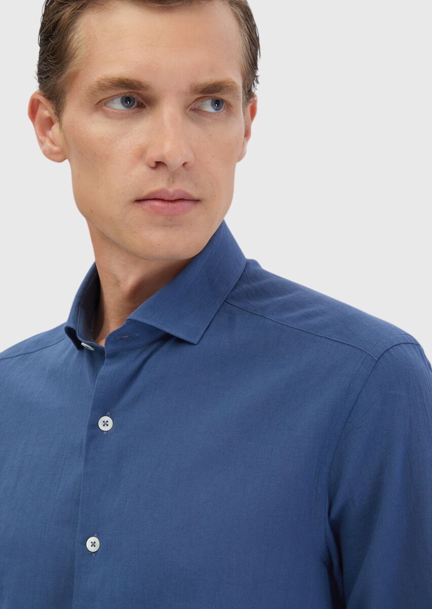 Indigo Plain Casual Fit Weaving Casual 100% Cotton Shirt - 4