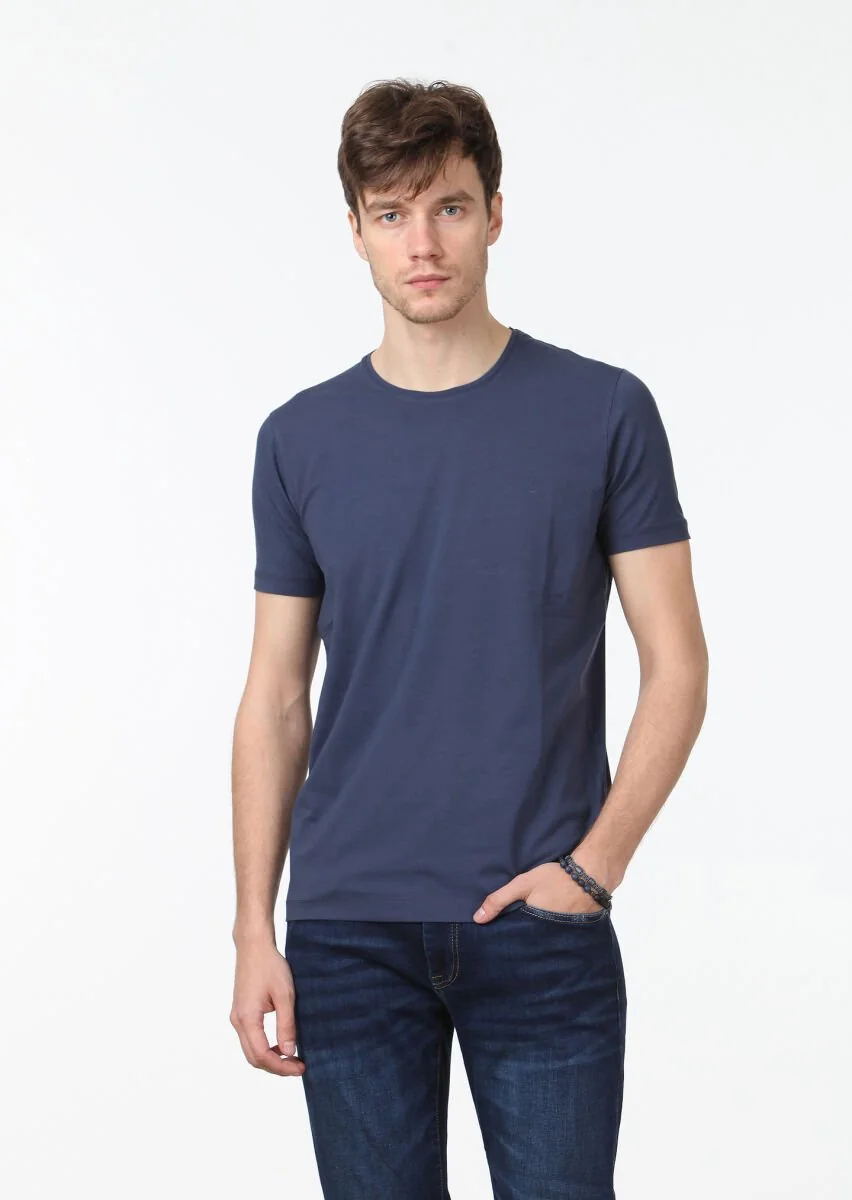 Indigo Plain Cotton Blended T-Shirt - 1