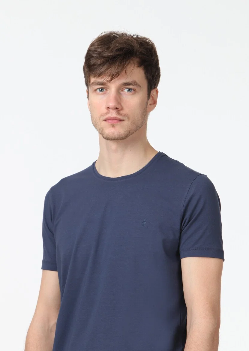 Indigo Plain Cotton Blended T-Shirt - 3