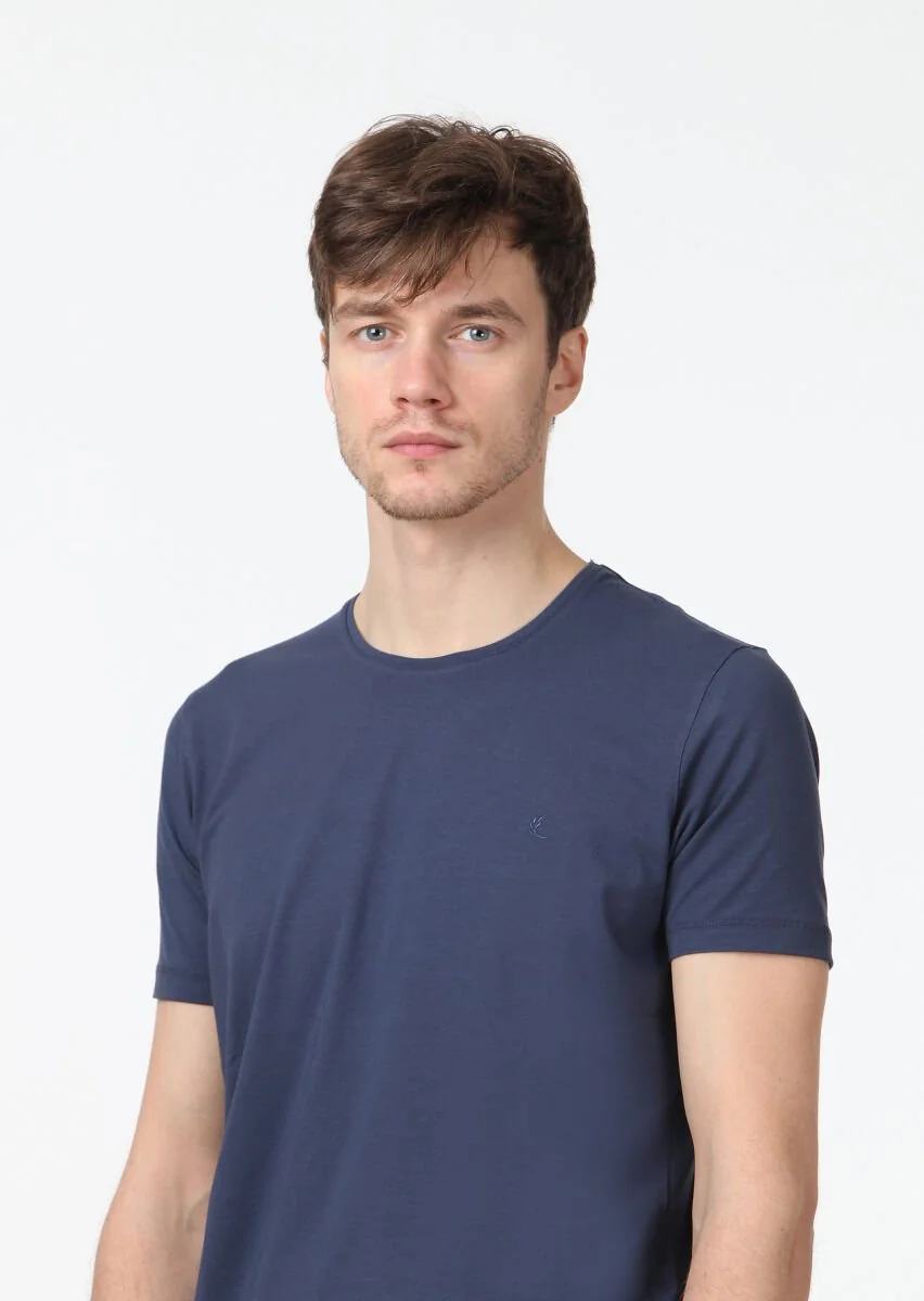 Indigo Plain Cotton Blended T-Shirt - 3