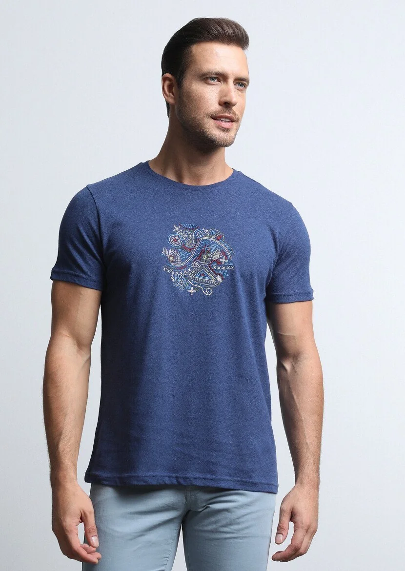 Indigo Plain Cotton Blended T-Shirt - 3
