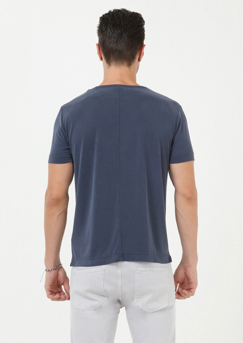 Indigo Plain Crew Neck 100% Cotton T-Shirt - 5