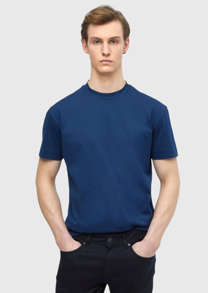 Indigo Plain Crew Neck 100% Cotton T-Shirt - 1