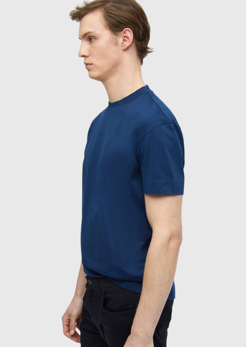 Indigo Plain Crew Neck 100% Cotton T-Shirt - 3