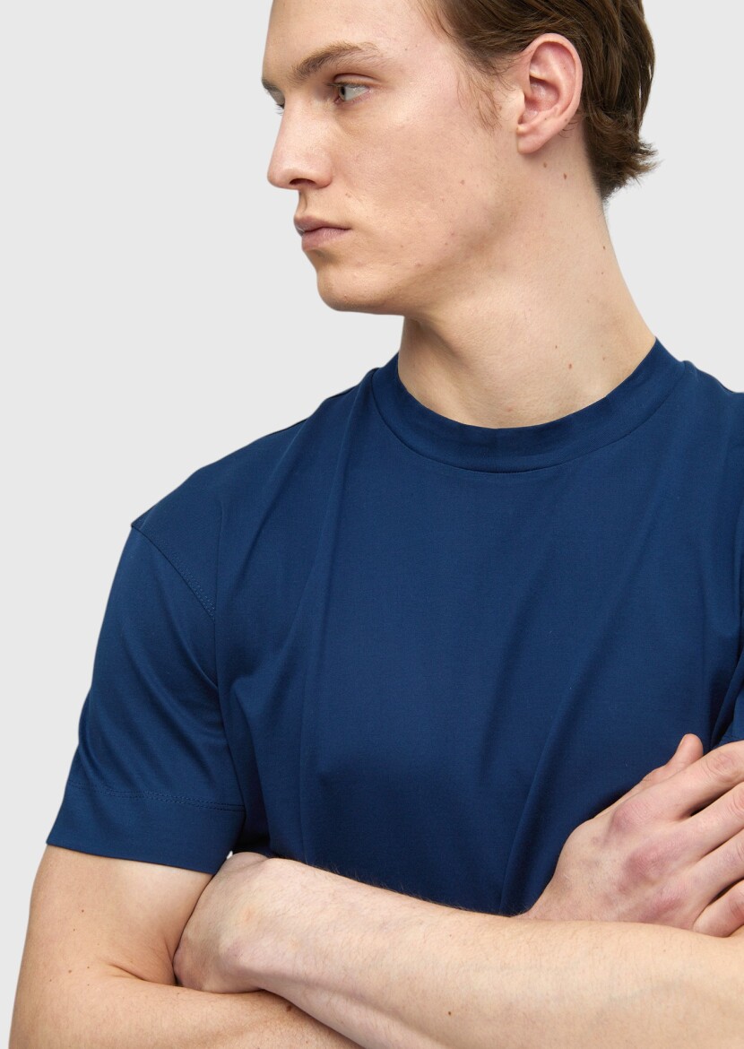 Indigo Plain Crew Neck 100% Cotton T-Shirt - 4