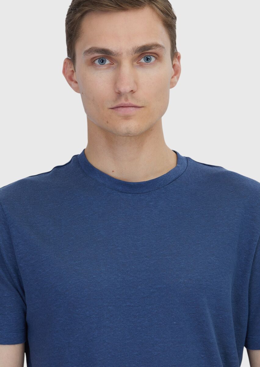 Indigo Plain Crew Neck 100% Linen T-Shirt - 4