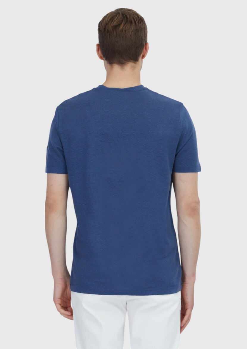 Indigo Plain Crew Neck 100% Linen T-Shirt - 5