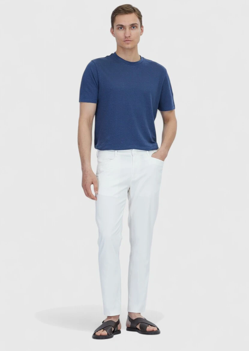 Indigo Plain Crew Neck 100% Linen T-Shirt 