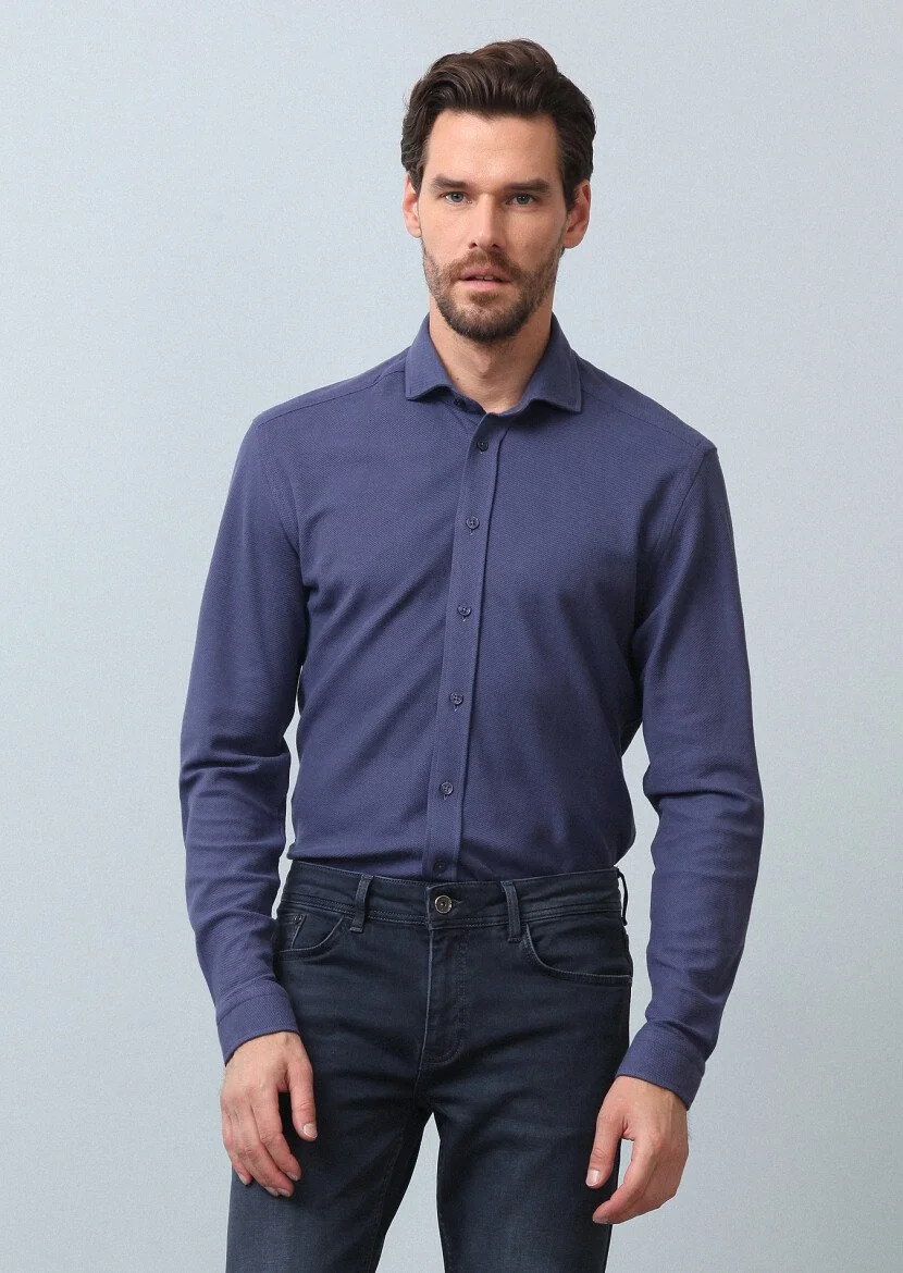 Indigo Plain Fitted Fit Knitting Casual 100% Cotton Shirt 