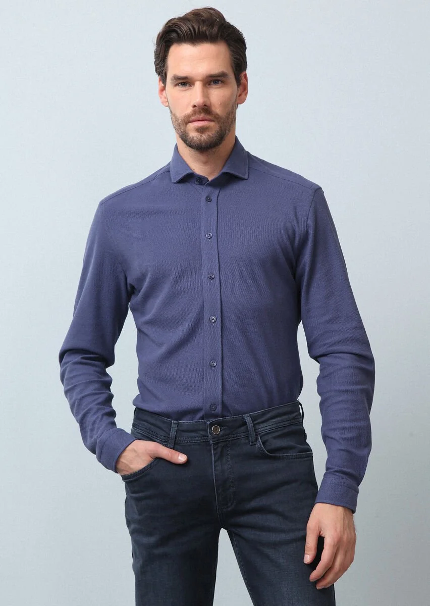 Indigo Plain Fitted Fit Knitting Casual 100% Cotton Shirt - 3