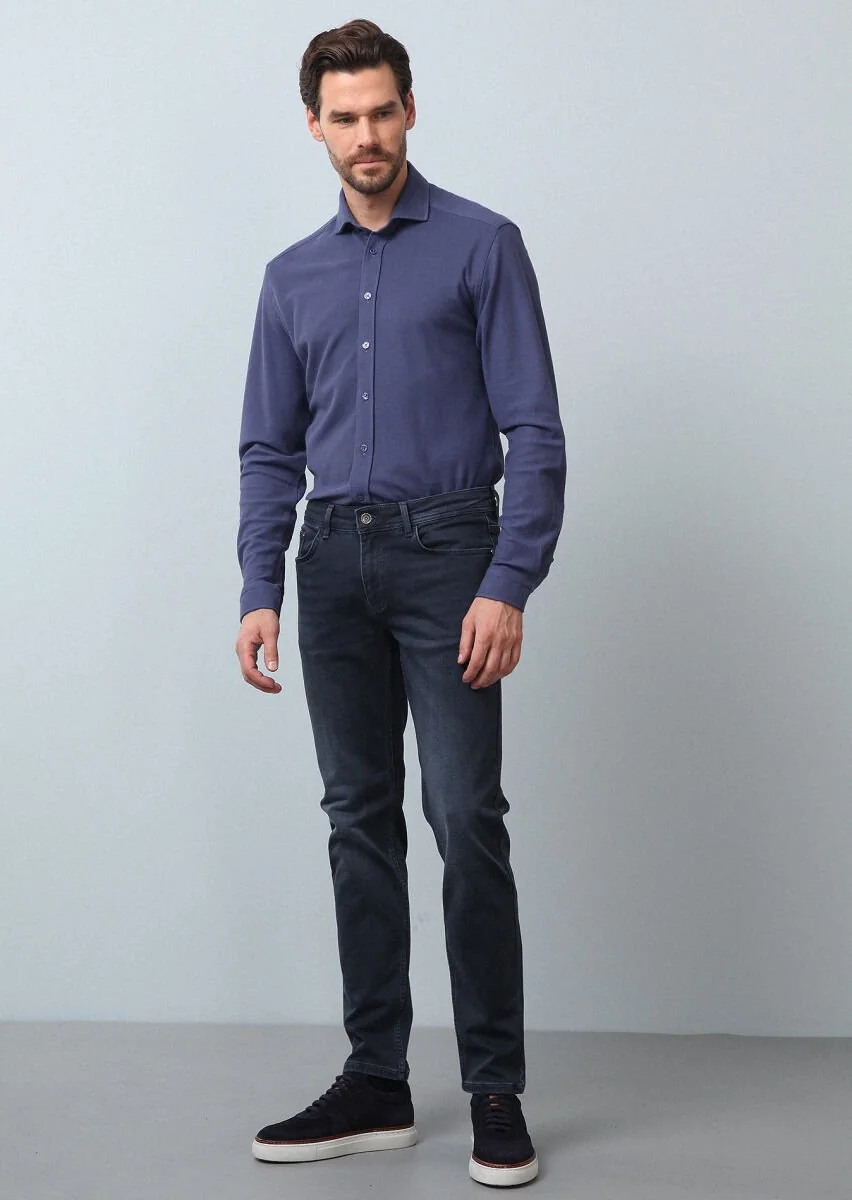 Indigo Plain Fitted Fit Knitting Casual 100% Cotton Shirt - 4
