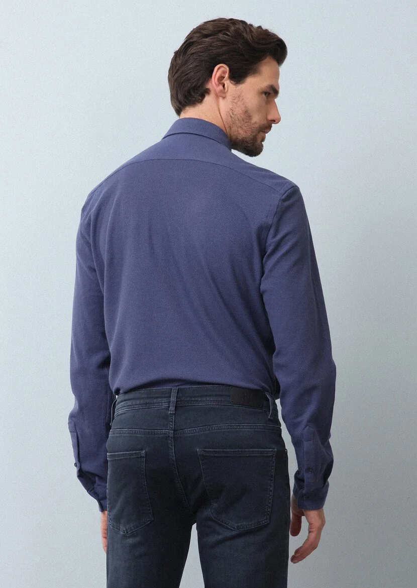 Indigo Plain Fitted Fit Knitting Casual 100% Cotton Shirt - 5