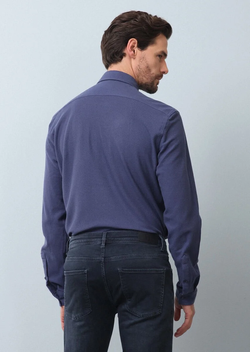 Indigo Plain Fitted Fit Knitting Casual 100% Cotton Shirt - 5