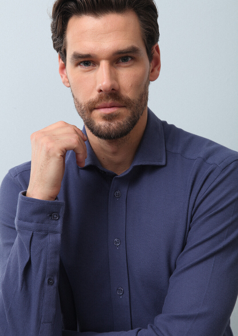 Indigo Plain Fitted Fit Long Knitting Casual 100% Cotton Shirt - 1