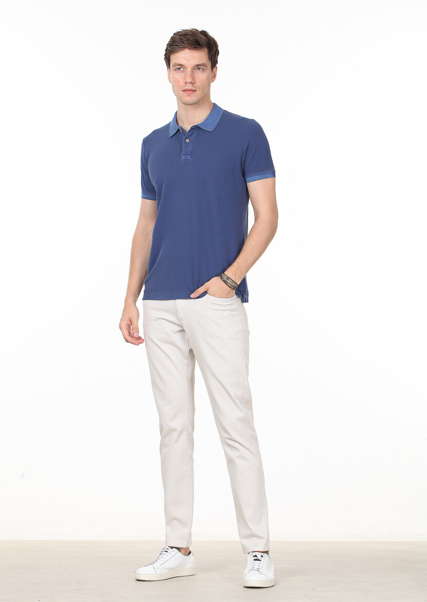 Indigo Plain Polo Neck 100% Cotton T-Shirt - 3