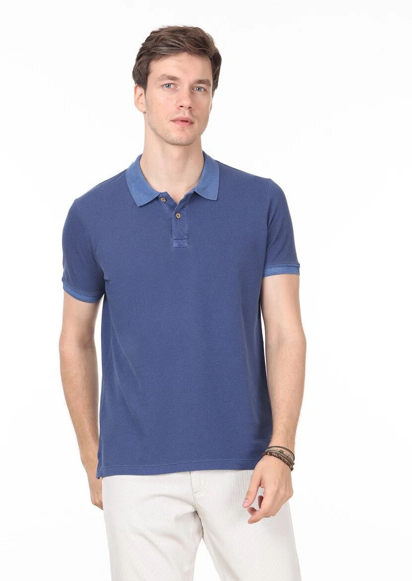 Indigo Plain Polo Neck 100% Cotton T-Shirt - 1
