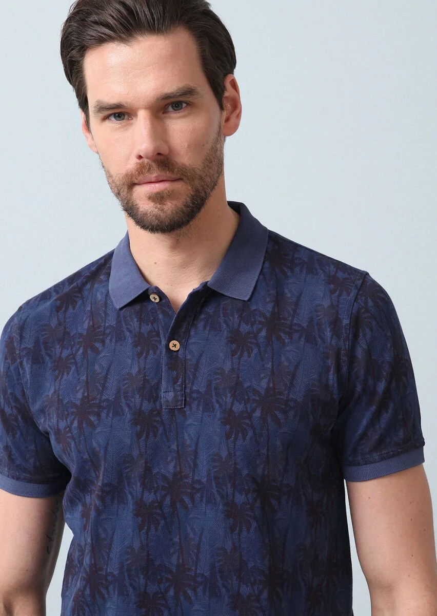 Indigo Plain Polo Neck 100% Cotton T-Shirt - 5