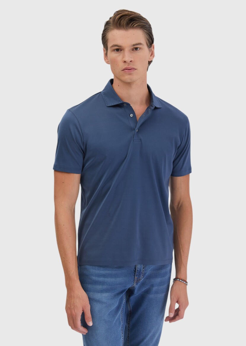 Indigo Plain Polo Neck 100% Cotton T-Shirt - 3