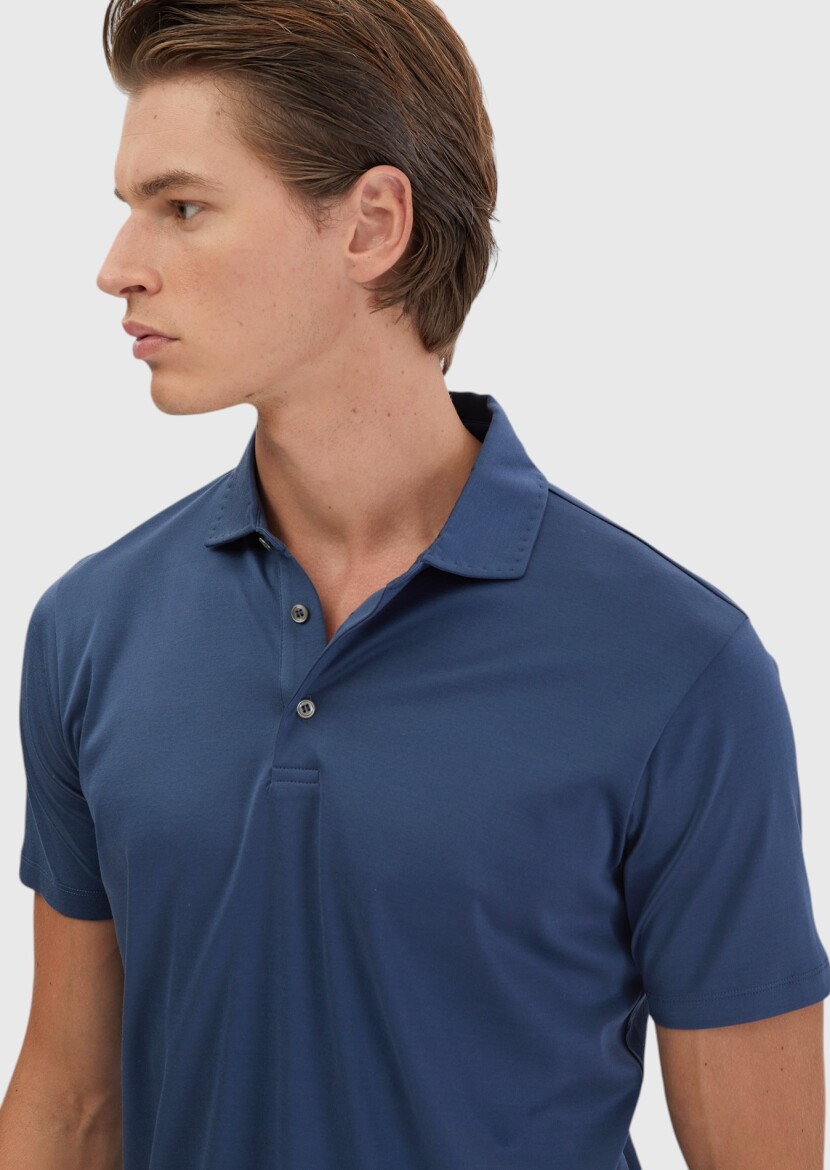 Indigo Plain Polo Neck 100% Cotton T-Shirt - 4