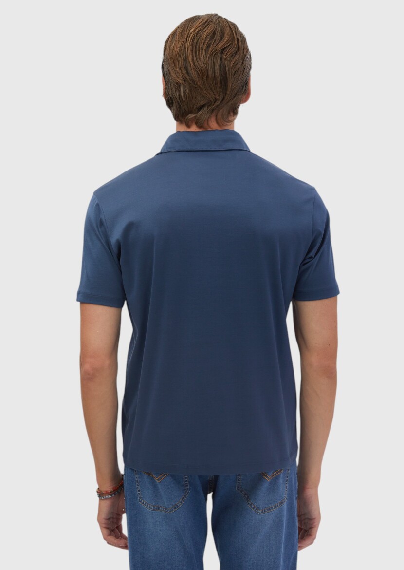 Indigo Plain Polo Neck 100% Cotton T-Shirt - 5