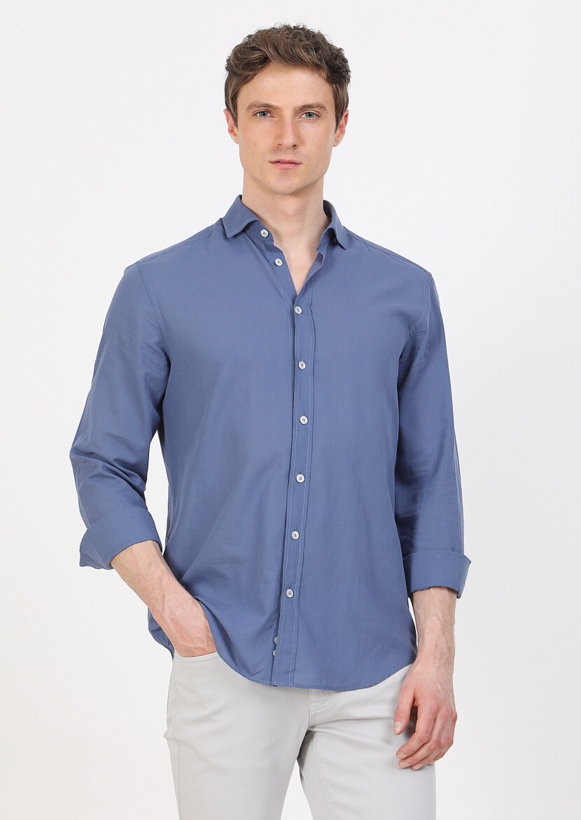 Indigo Plain Regular Fit Long Weaving Casual 100% Cotton Shirt - 1