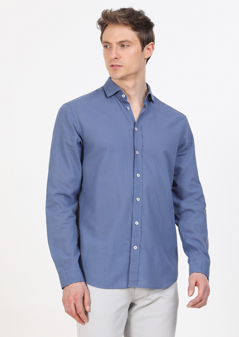 Indigo Plain Regular Fit Long Weaving Casual 100% Cotton Shirt - 2