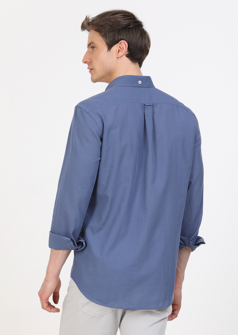 Indigo Plain Regular Fit Long Weaving Casual 100% Cotton Shirt - 5