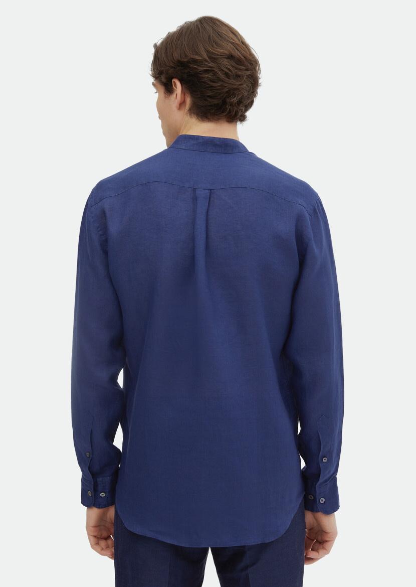 Indigo Plain Regular Fit Long Weaving Casual 100% Linen Shirt - 6