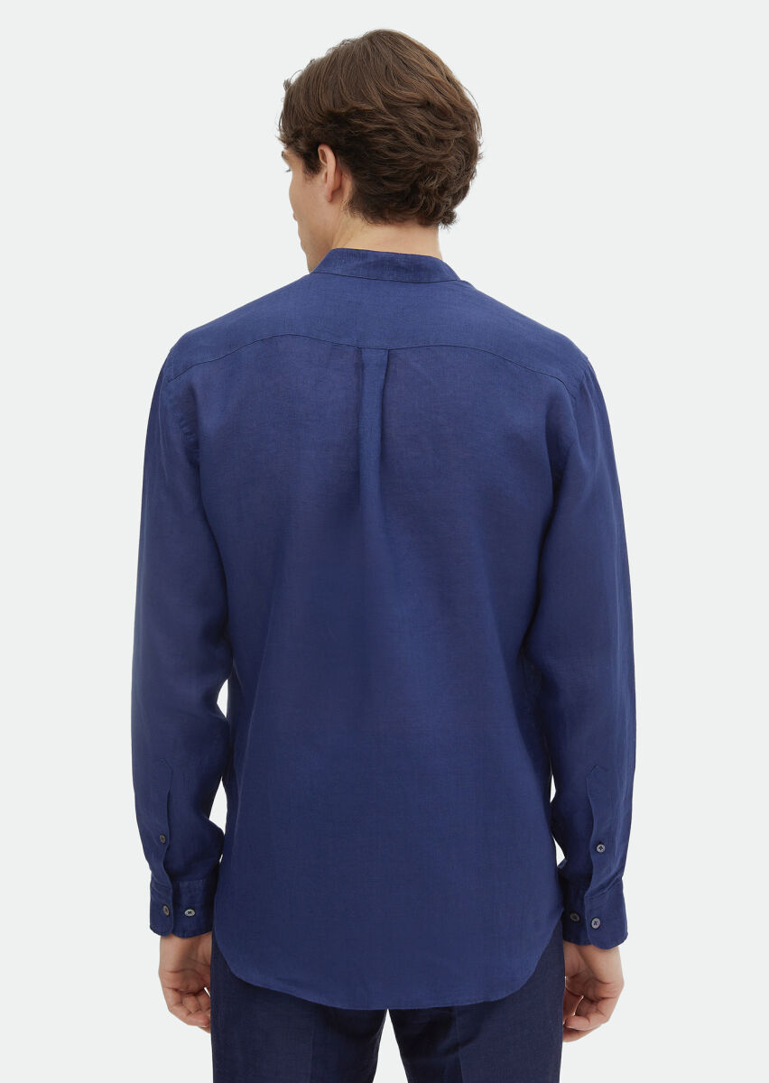 Indigo Plain Regular Fit Long Weaving Casual 100% Linen Shirt - 6