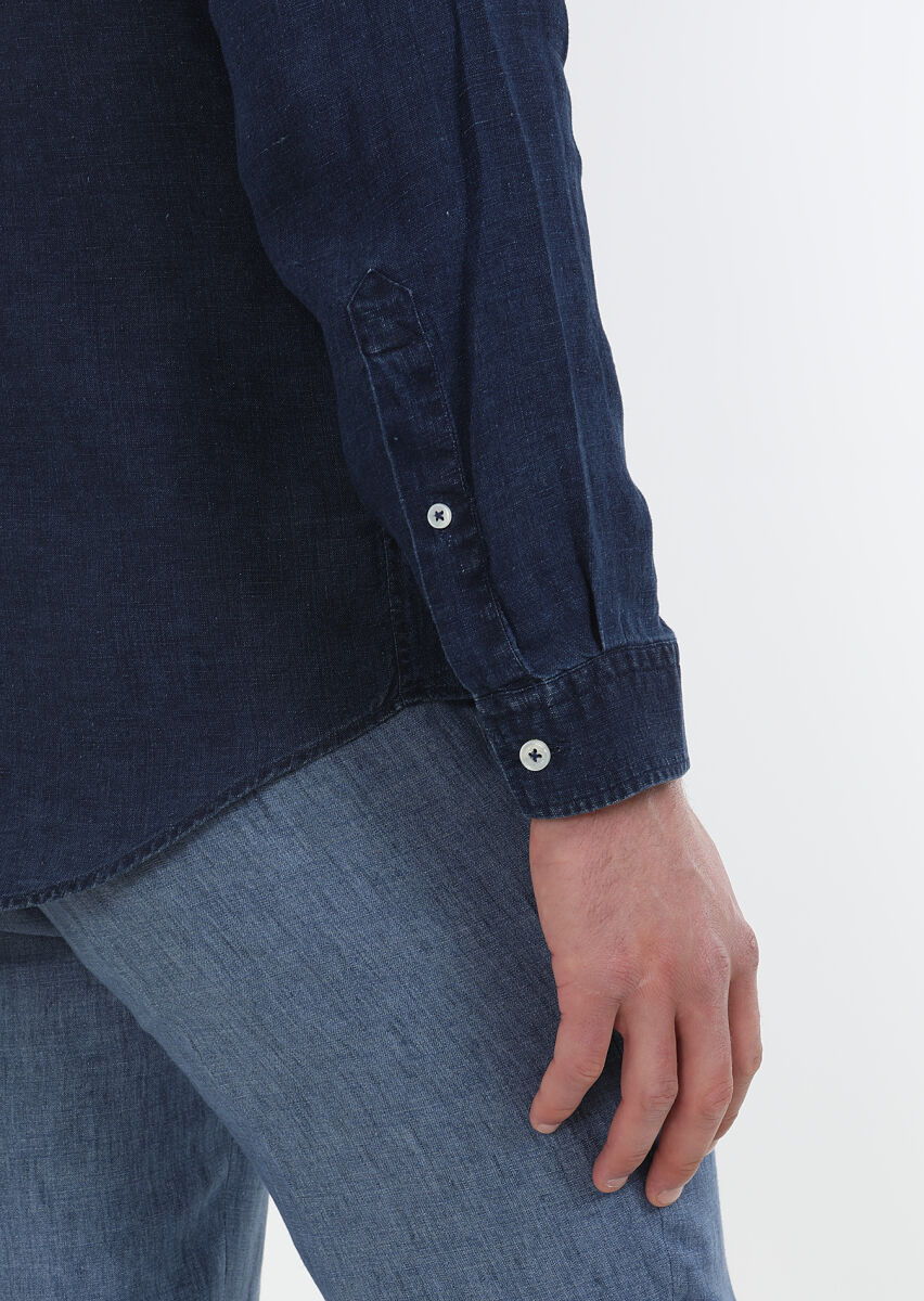 Indigo Plain Regular Fit Long Weaving Casual Cotton Blended Shirt - 5
