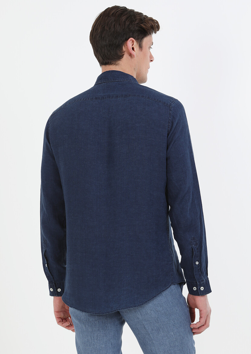 Indigo Plain Regular Fit Long Weaving Casual Cotton Blended Shirt - 6